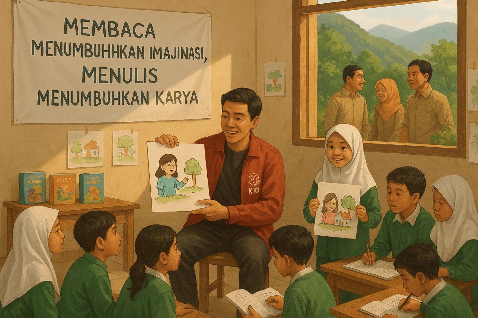 Ilustrasi seorang mahasiswa KKN Tematik Universitas Hasanuddin membacakan cerita bergambar hasil olahan buku perpustakaan kepada siswa MTs Muhammadiyah Tombo-Tombolo, di kaki Gunung Silanu, Jeneponto. Selama empat hari, program literasi ini menghidupkan kembali semangat membaca dan menulis siswa, membuktikan bahwa di tengah era digital, kekuatan cerita dan imajinasi masih menjadi jembatan emas bagi pendidikan karakter dan kreativitas anak bangsa. Kredit: Chat GPT.